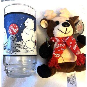 1998 Vintage Coca Cola Reindeer Christmas Bean Bag Plush 6" , & Coca Cola glass